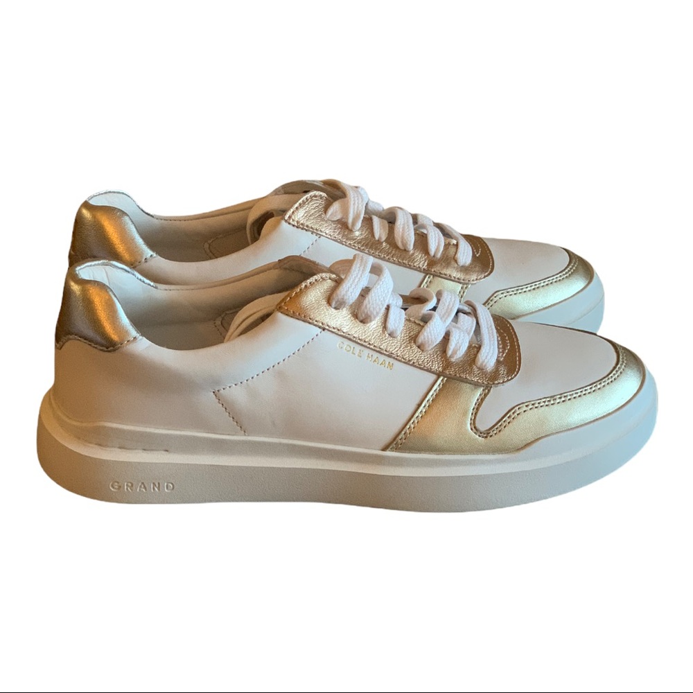 NWOT! Cole Haan Grandseries White & Gold Metallic Sneakers. Size 8.